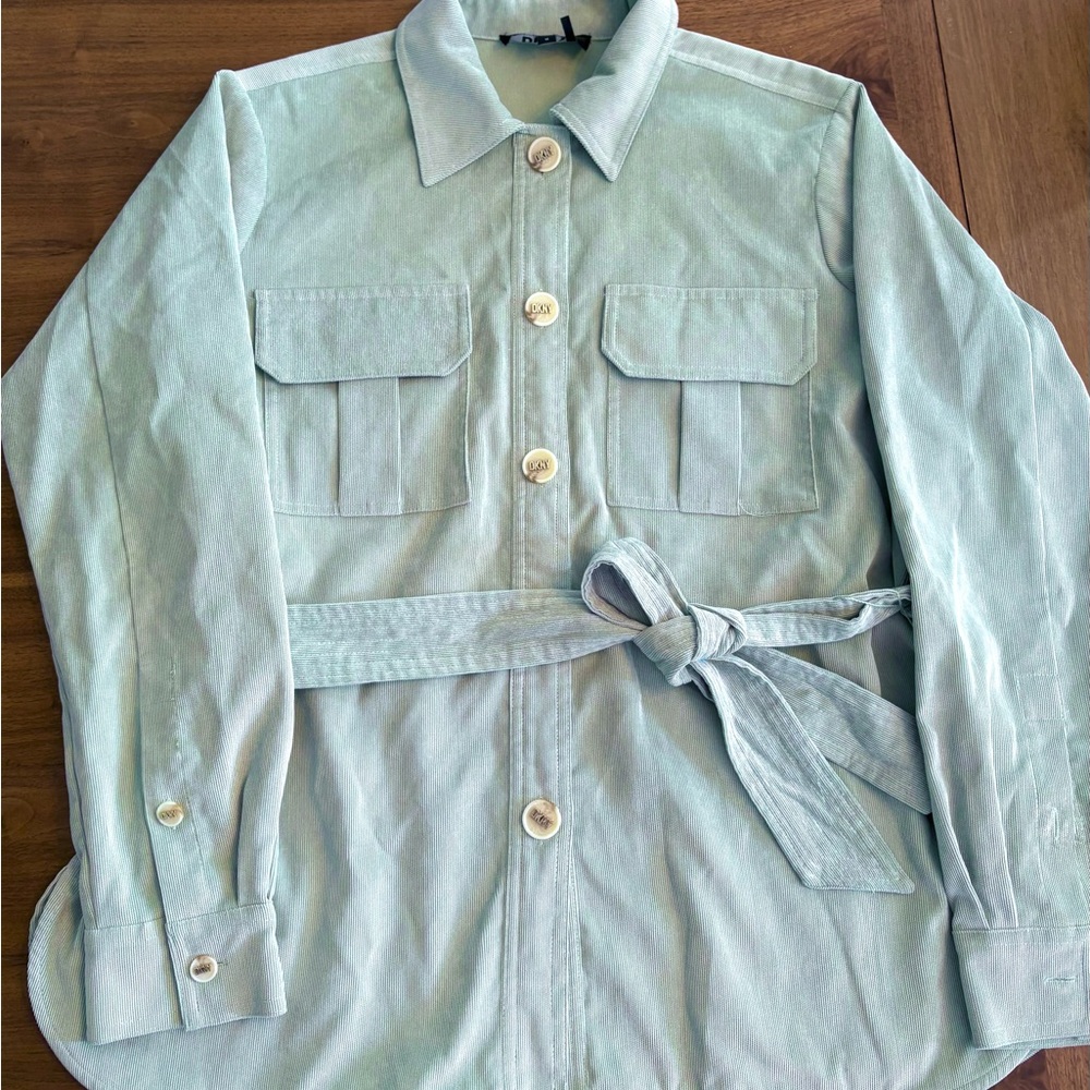 Pre-owned DKNY Moss Green Corduroy Shacket With Tie And Gold Buttons Size 12